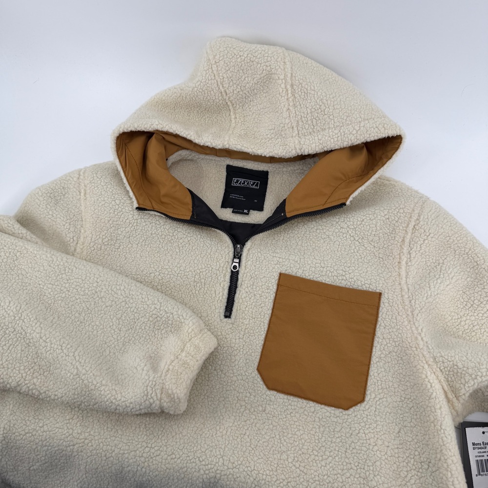 $115 NEW Ezekiel Mens XL Iceland Sherpa Fleece 1/4 Zip Hoodie Ivory Skate Grunge